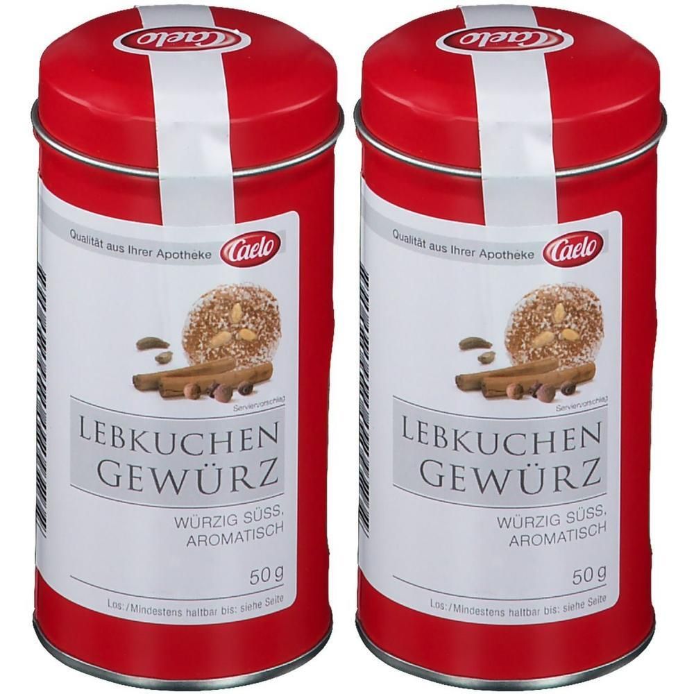 Zwei rote Blechdosen mit weißem Etikett. Aufschrift: LEBKUCHEN GEWÜRZ, Caelo. 50g. Deckel mit weißem Streifen.