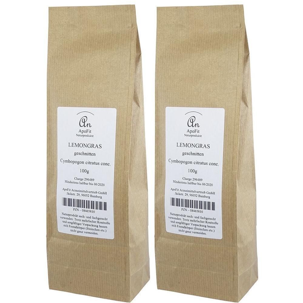 Zwei Packungen geschnittenen Lemongras (Cymbopogon citratus) à 100g in braunen Papiertüten.