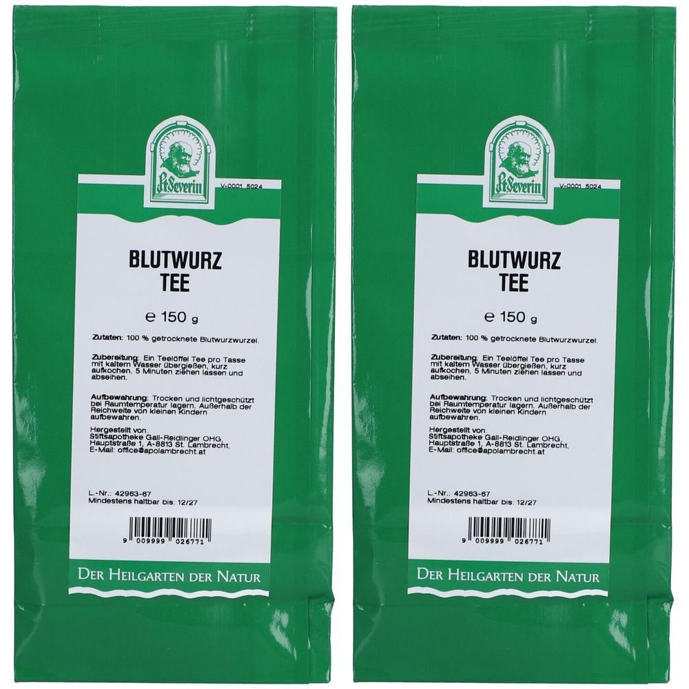 Zwei grüne Beutel mit „BLUTWURZ TEE“. Aufschrift „e 150 g“. Logo mit einem Mann. Text in Deutsch.