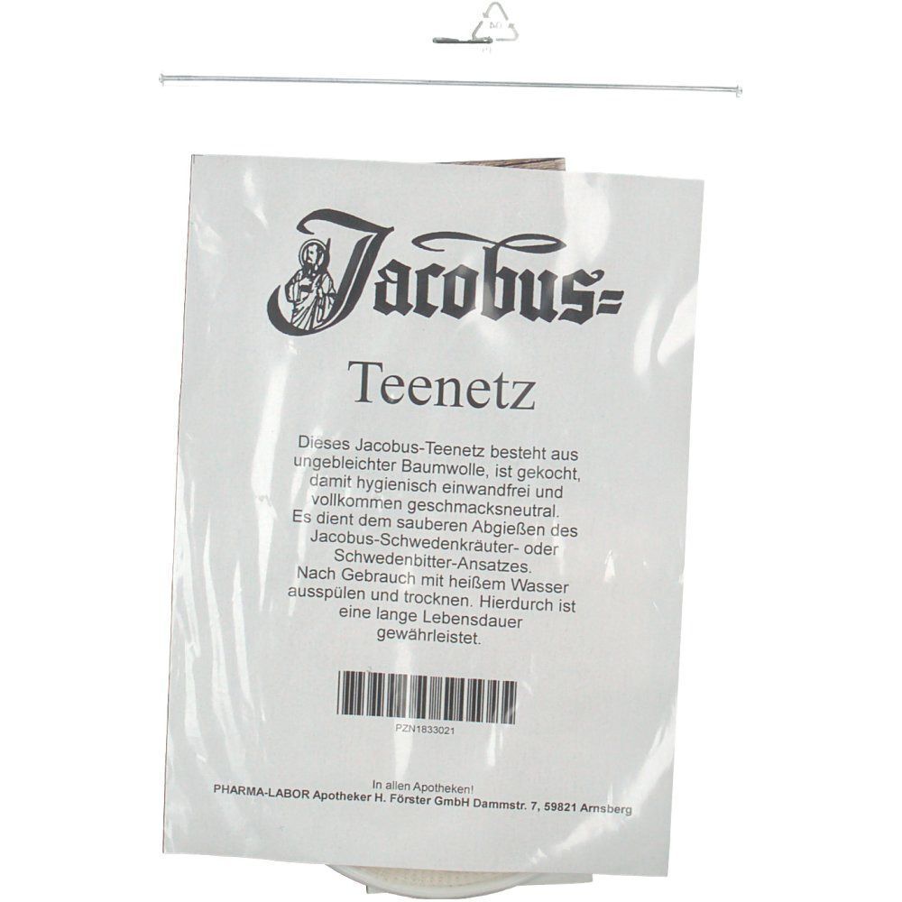 Rückseite der Verpackung von Jacobus Teenetz. Text und Logo auf weißem Hintergrund. Produkt in transparentem Beutel.