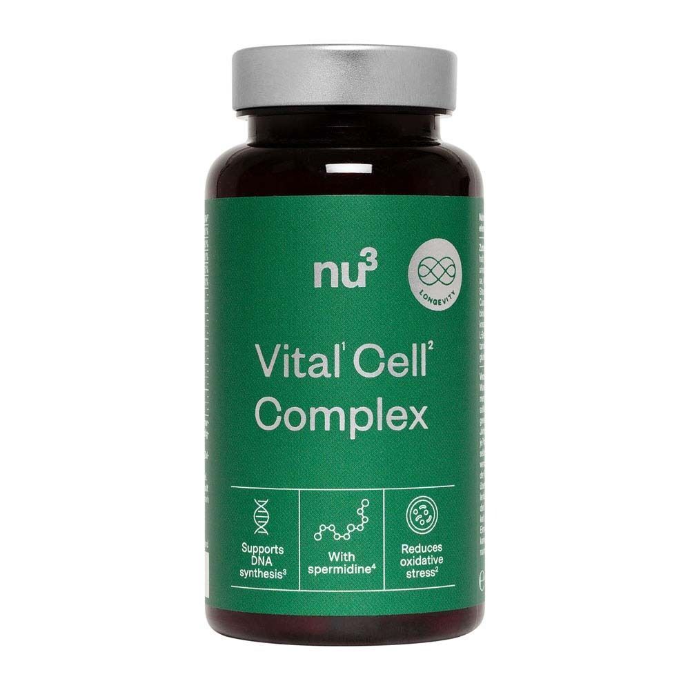 Braune Pillenflasche mit silbernem Deckel. Aufschrift: nu3 Vital Cell Complex. Symbole für DNA-Synthese, Spermidin und Reduzierung von oxidativem Stress.