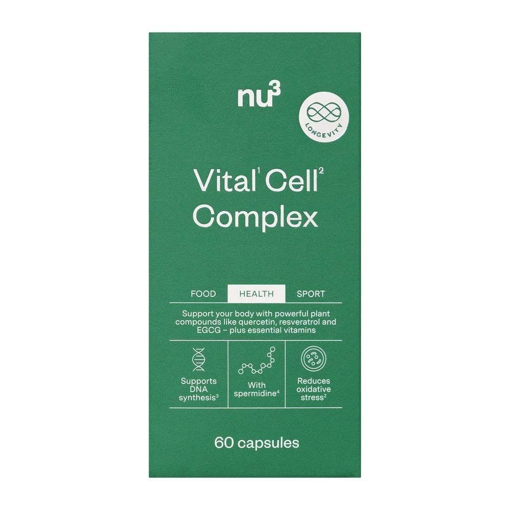 Grüne Schachtel mit Aufschrift: nu3 Vital Cell Complex. Enthält Symbole für DNA-Synthese, Spermidin und Reduzierung von oxidativem Stress. 60 Kapseln.