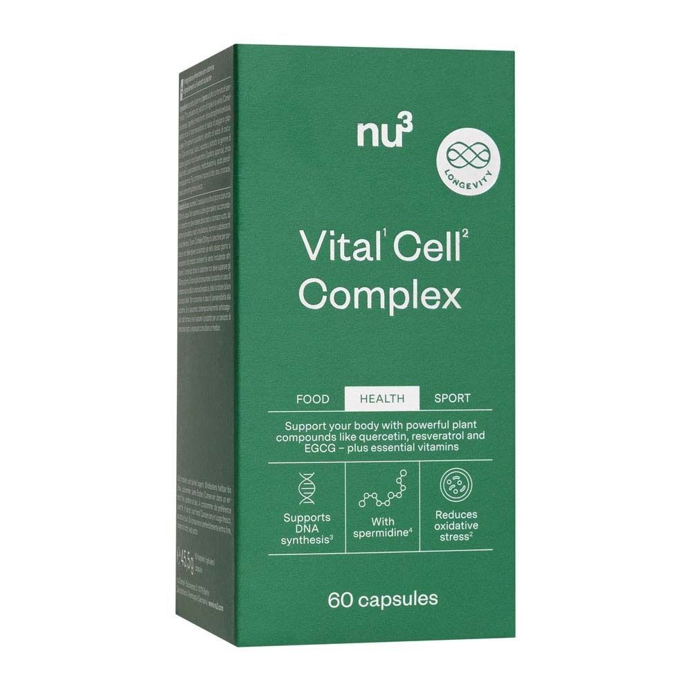 Grüne Schachtel mit Aufschrift: nu3 Vital Cell Complex. Enthält Symbole für DNA-Synthese, Spermidin und Reduzierung von oxidativem Stress. 60 Kapseln.