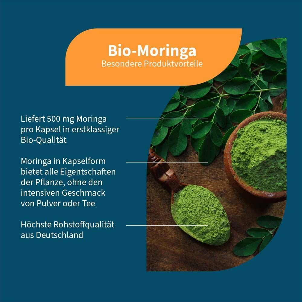 Infografik mit Moringa-Pulver und Blättern. Text: Bio-Moringa, 500 mg Moringa pro Kapsel, Bio-Qualität.