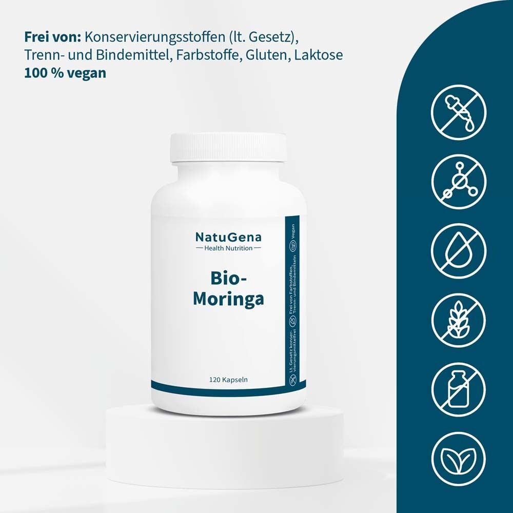 Weiße Flasche mit Kapseln. Aufschrift: Bio-Moringa, 120 Kapseln, NatuGena. Text: 100% vegan. Frei von...