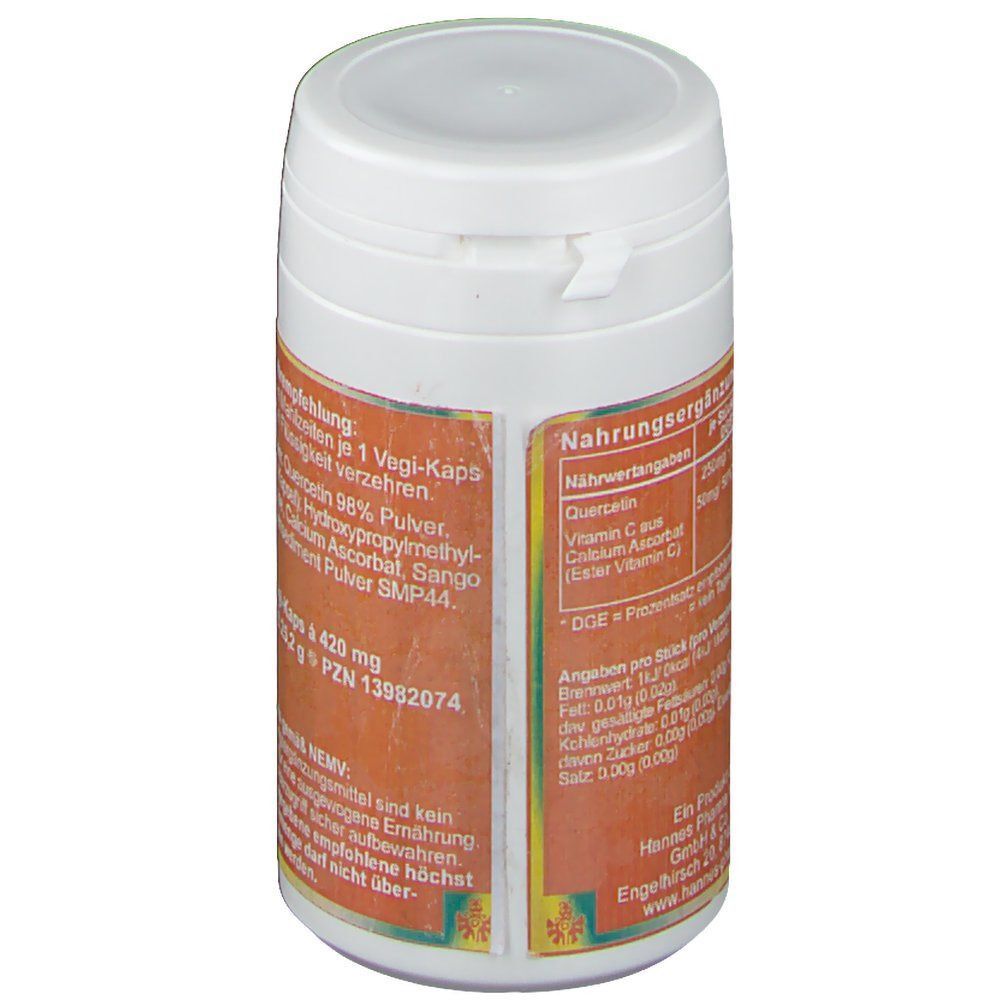 Weißer Behälter mit Deckel. Etikett mit Nährwertangaben und Inhaltsstoffen. Aufschrift: QUERCETIN, 60 Vegi-Kaps.