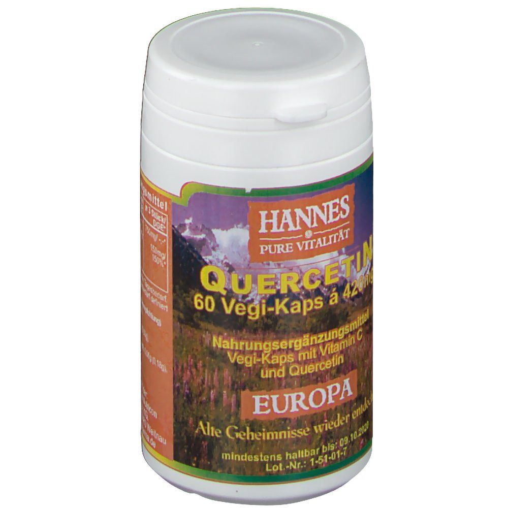 Weißer Behälter mit Deckel. Aufschrift: QUERCETIN, 60 Vegi-Kaps, HANNES. Etikett mit Produktinformationen und Logo.