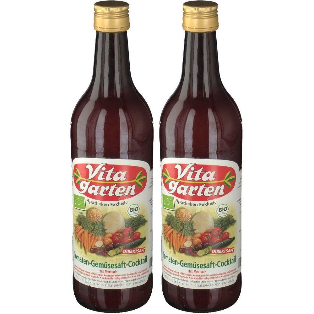 Zwei Glasflaschen Vita Garten Tomaten-Gemüsesaft-Cocktail, biologisch, mit Rapsöl.