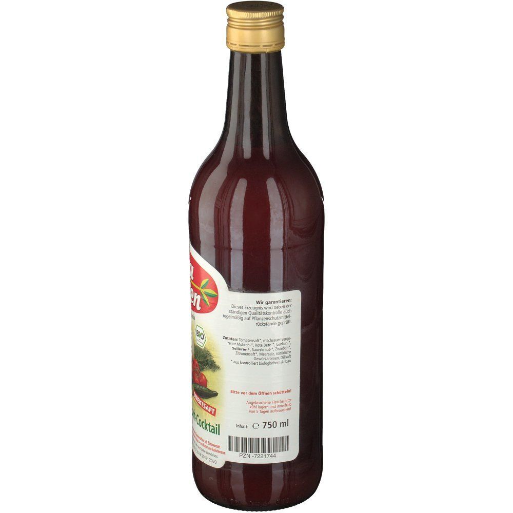 Rückseite einer Glasflasche Vita Garten Tomaten-Gemüsesaft-Cocktail, biologisch, 750 ml.