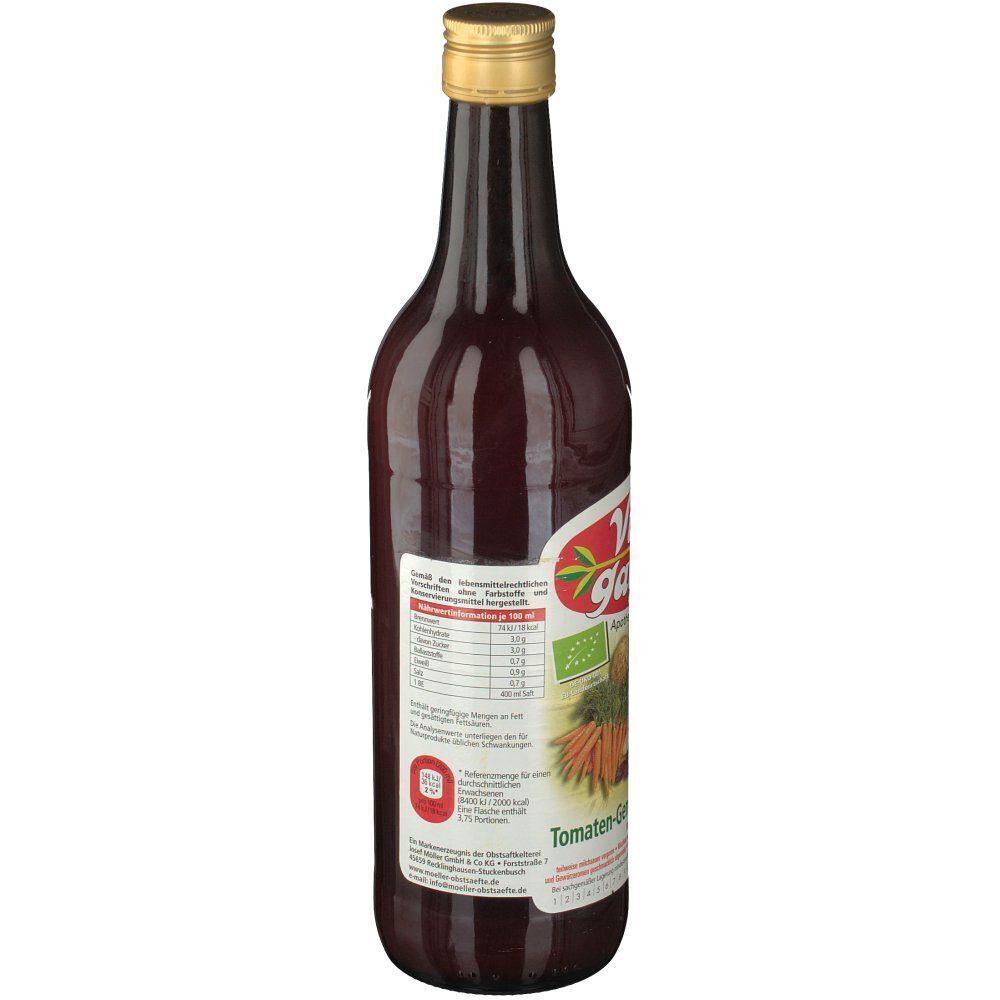 Rückseite einer Glasflasche Vita Garten Tomaten-Gemüsesaft-Cocktail, biologisch, mit Nährwertangaben.