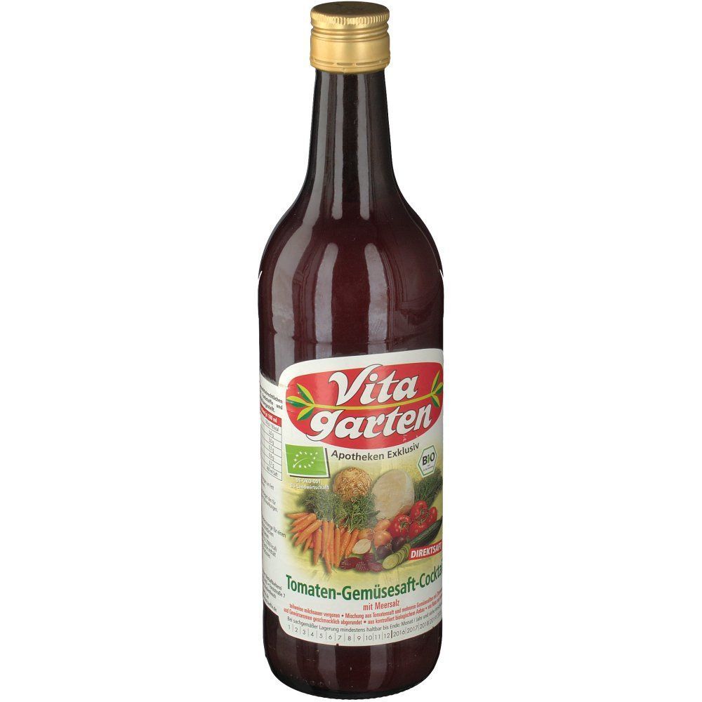 Glasflasche Vita Garten Tomaten-Gemüsesaft-Cocktail, biologisch, mit Gemüseabbildung.