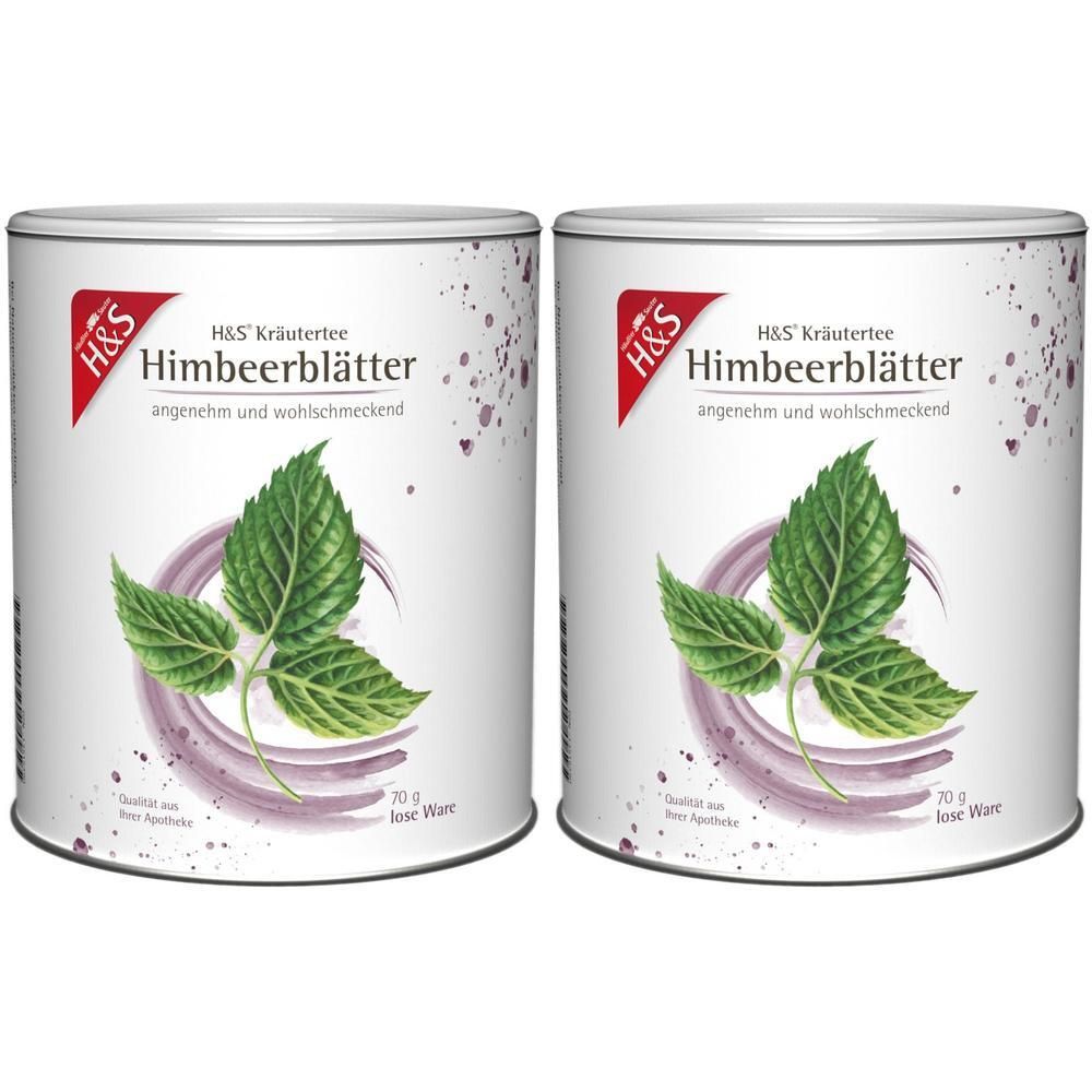Zwei Dosen H&S Himbeerblätter Tee. Weiße Dosen mit rotem Logo und grünen Blättern. Text: H&S Kräutertee, Himbeerblätter.