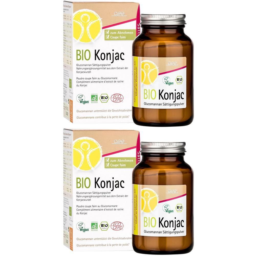 Zwei Packungen BIO Konjac Glucomannan Pulver in Braunglasflaschen mit Kartonverpackung.