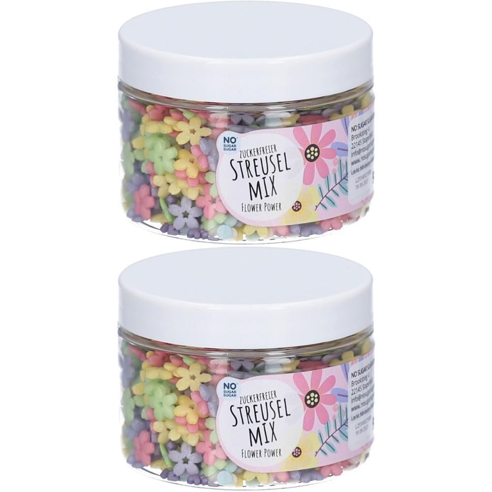 Zwei Gläser mit bunten Streuseln in Blütenform. Weiße Deckel. Aufschrift: Streusel Mix Flower Power.