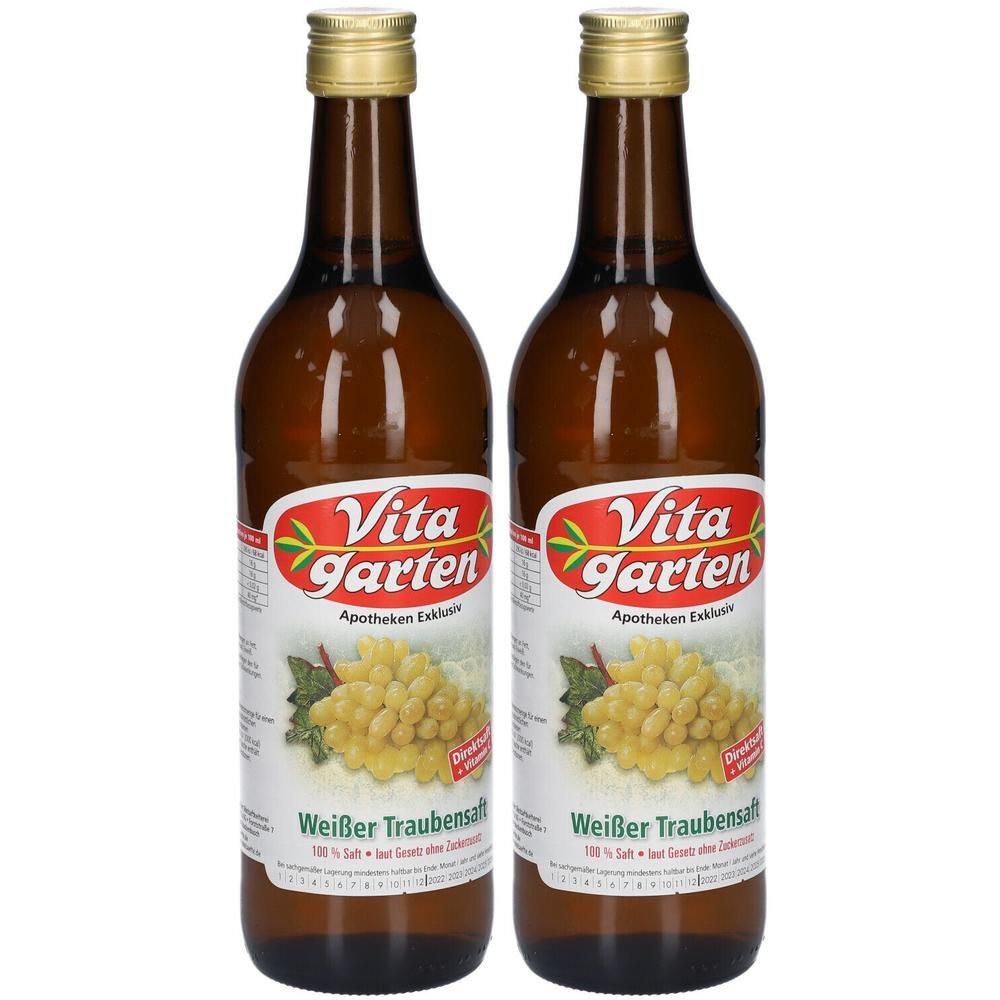 Zwei Flaschen Vita Garten weißer Traubensaft mit Traubenabbildung auf dem Etikett.