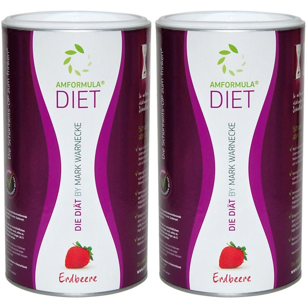 Zwei Dosen AMFORMULA Diet Erdbeere Pulver. Zylindrische Form, lila-weißes Design, Erdbeere-Abbildung. Logo und Schriftzug.