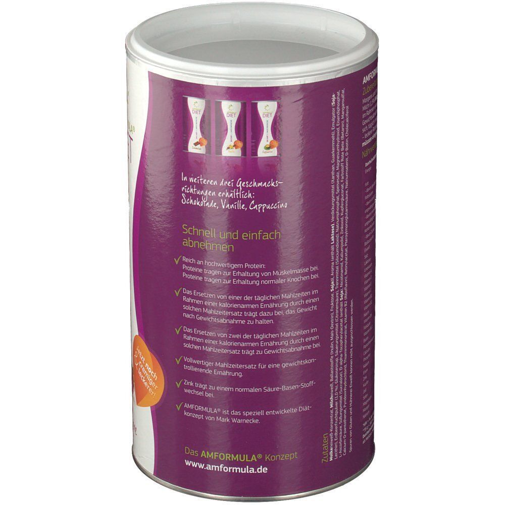 AMFORMULA Diet Dose, Rückseite. Text in deutscher Sprache, Illustrationen von Gläsern. Weißer Deckel, lila Hintergrund.
