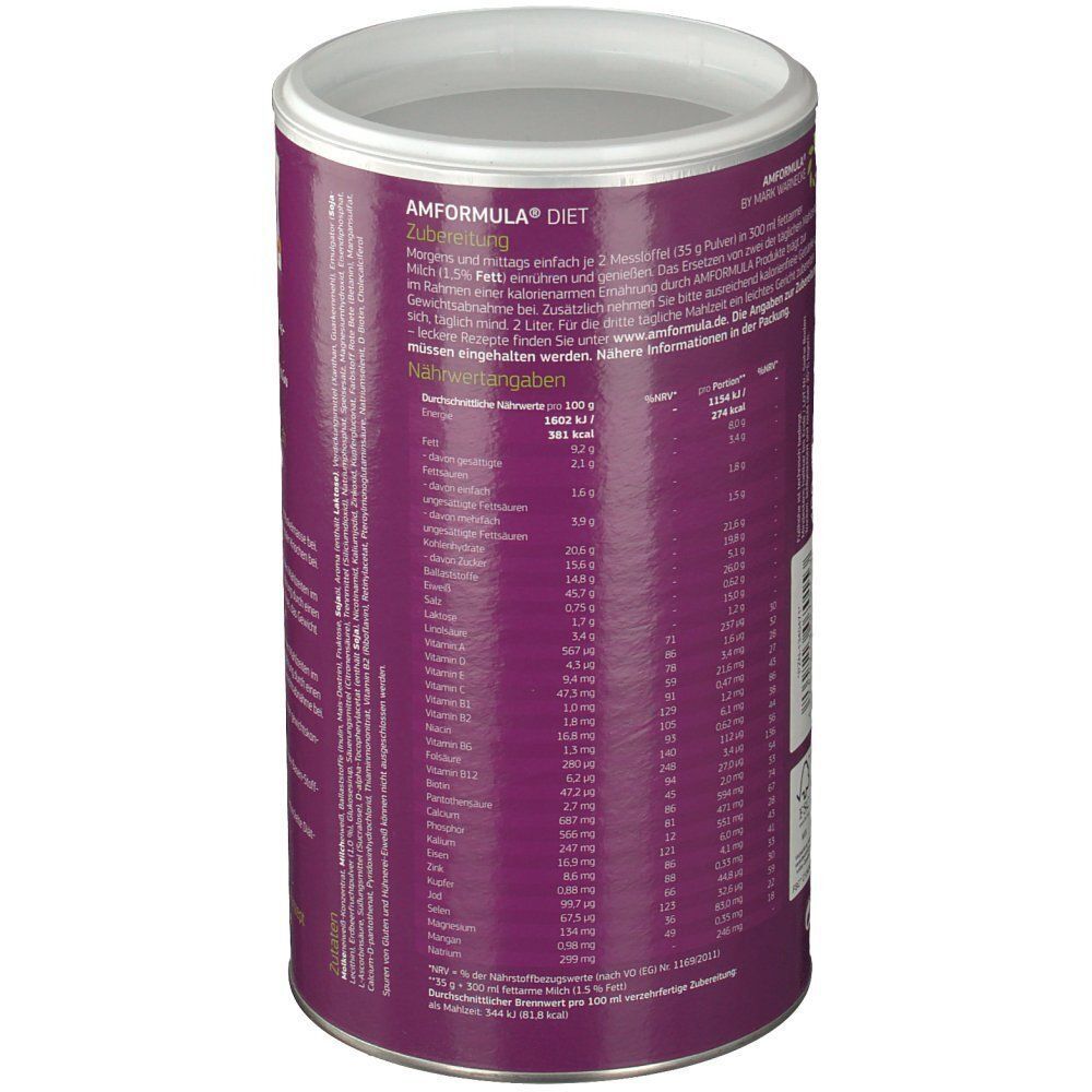 AMFORMULA Diet Dose, Rückseite. Nährwertangaben in deutscher Sprache. Weißer Deckel, lila Hintergrund.
