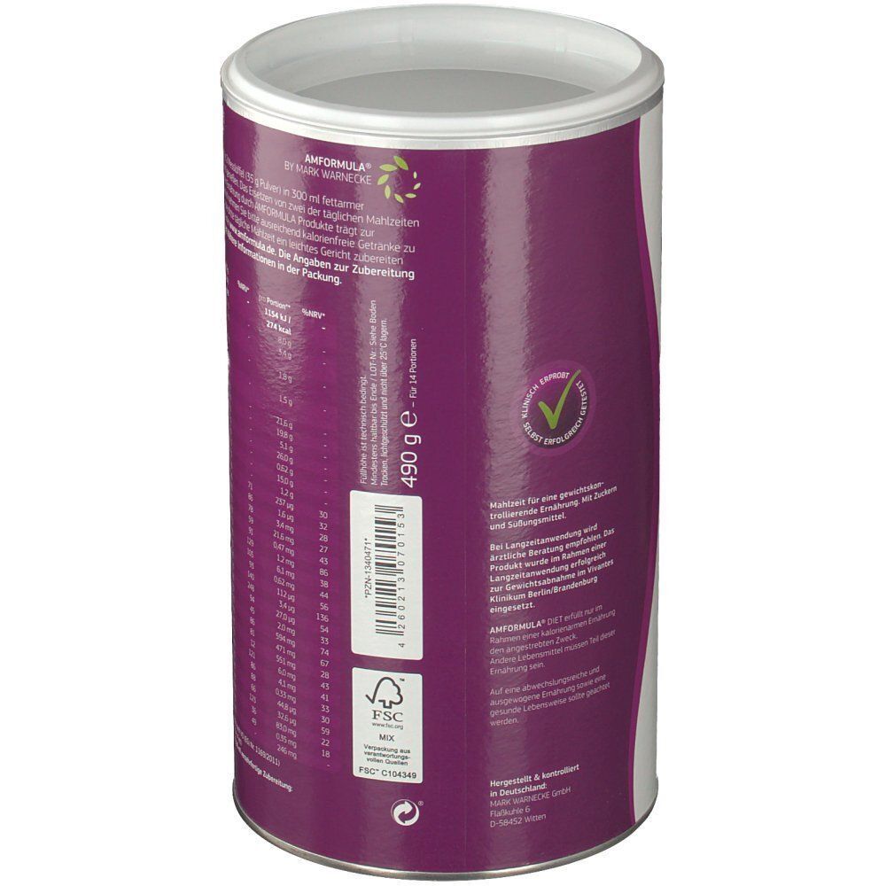 AMFORMULA Diet Dose, Rückseite. Text, FSC-Siegel, grünes Häkchen. Weißer Deckel, lila Hintergrund.