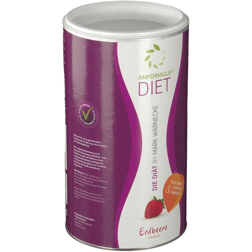 AMFORMULA Diet Dose, Vorderseite. Logo, Erdbeer-Abbildung, Text. Grünes Häkchen. Weißer Deckel, lila Hintergrund.