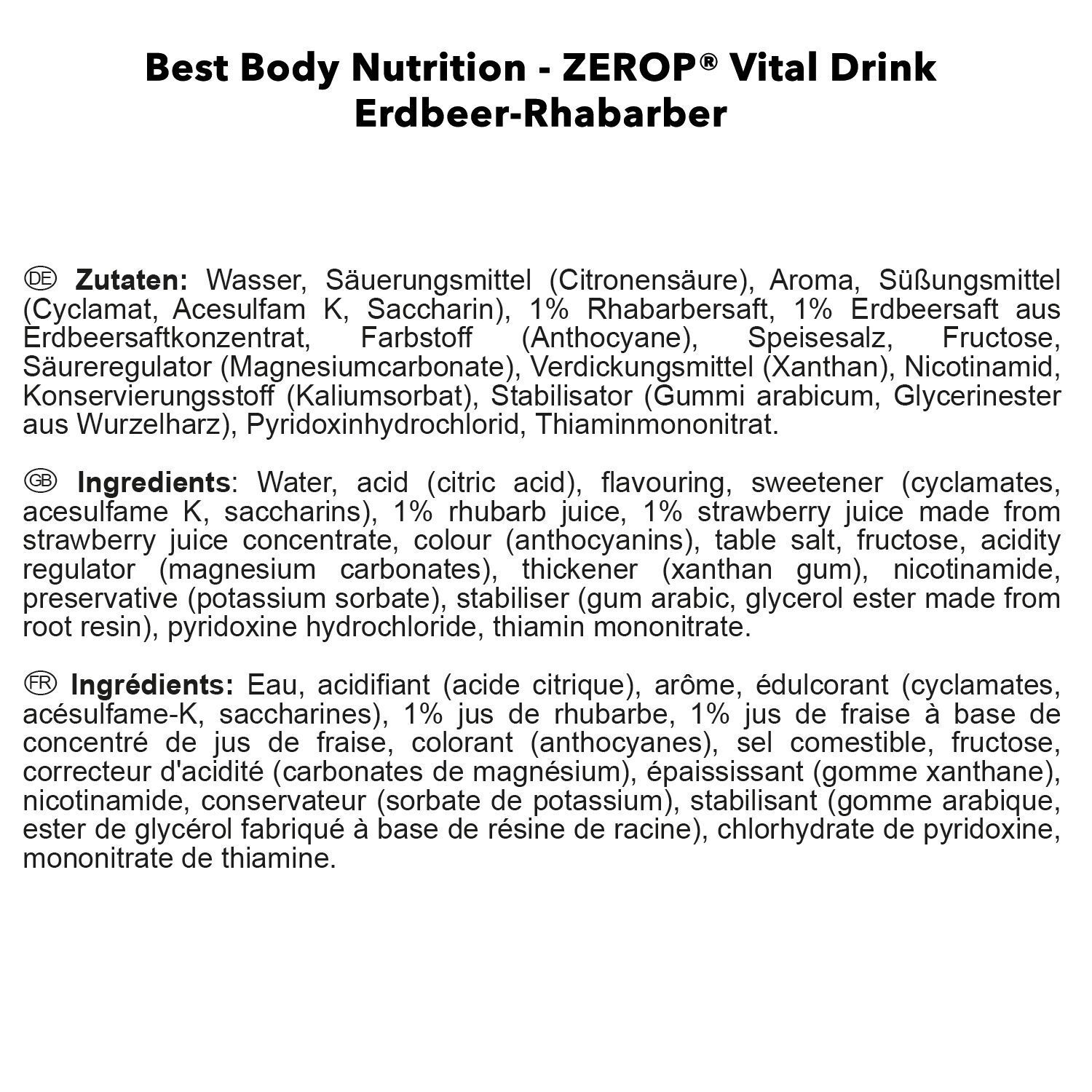 Zutatenliste und Nährwertangaben für BBN Vital Drink Erdbeer-Rhabarber. Enthält Informationen in Deutsch, Englisch und Französisch.