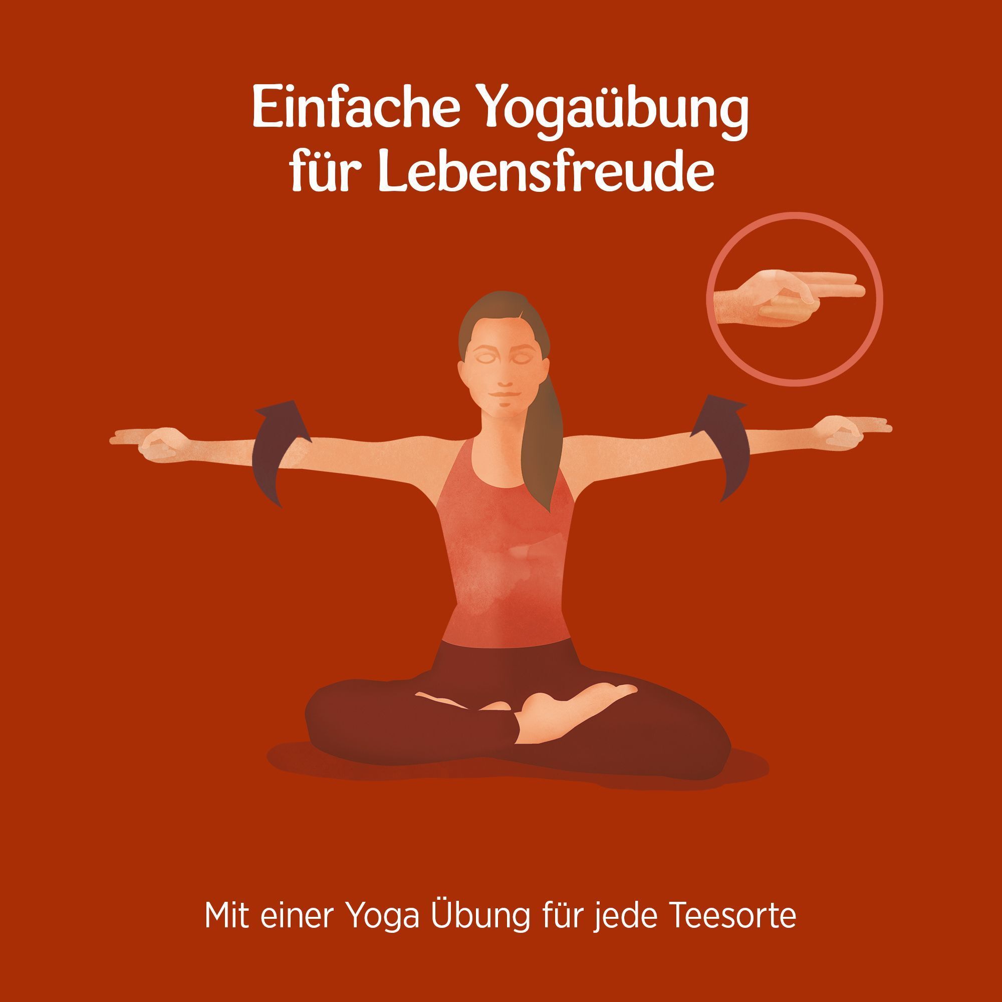 Illustration einer Yogaübung. Frau sitzt in Lotussitz. Text: Einfache Yogaübung für Lebensfreude. Roter Hintergrund.