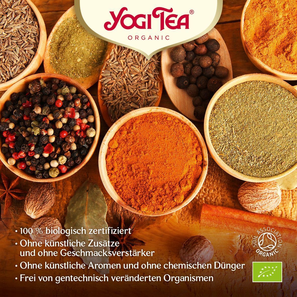 YOGI TEA Logo und verschiedene Gewürze in Schalen. Text: 100% biologisch zertifiziert. Bio-Siegel.