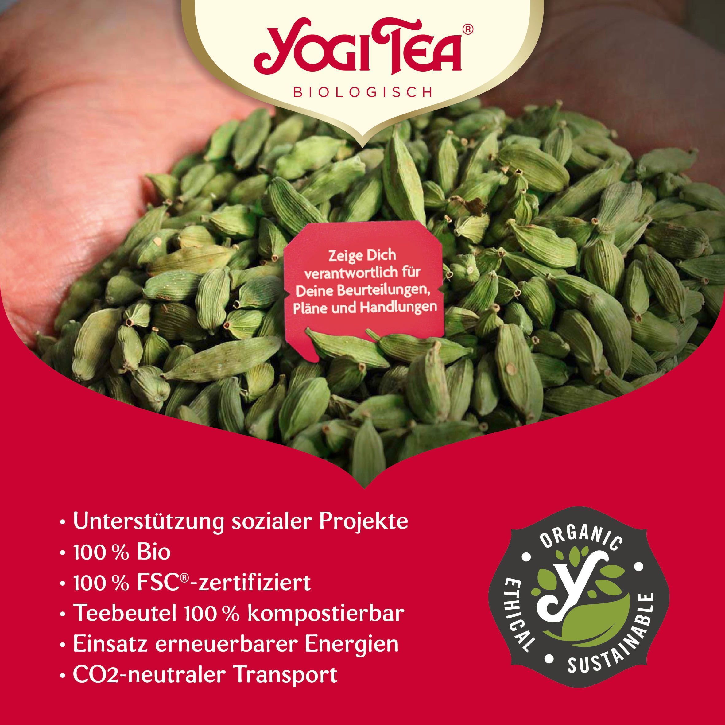 YOGI TEA Logo und Kardamomkapseln in Hand. Text: 100% Bio, 100% FSC-zertifiziert. Bio-Siegel.