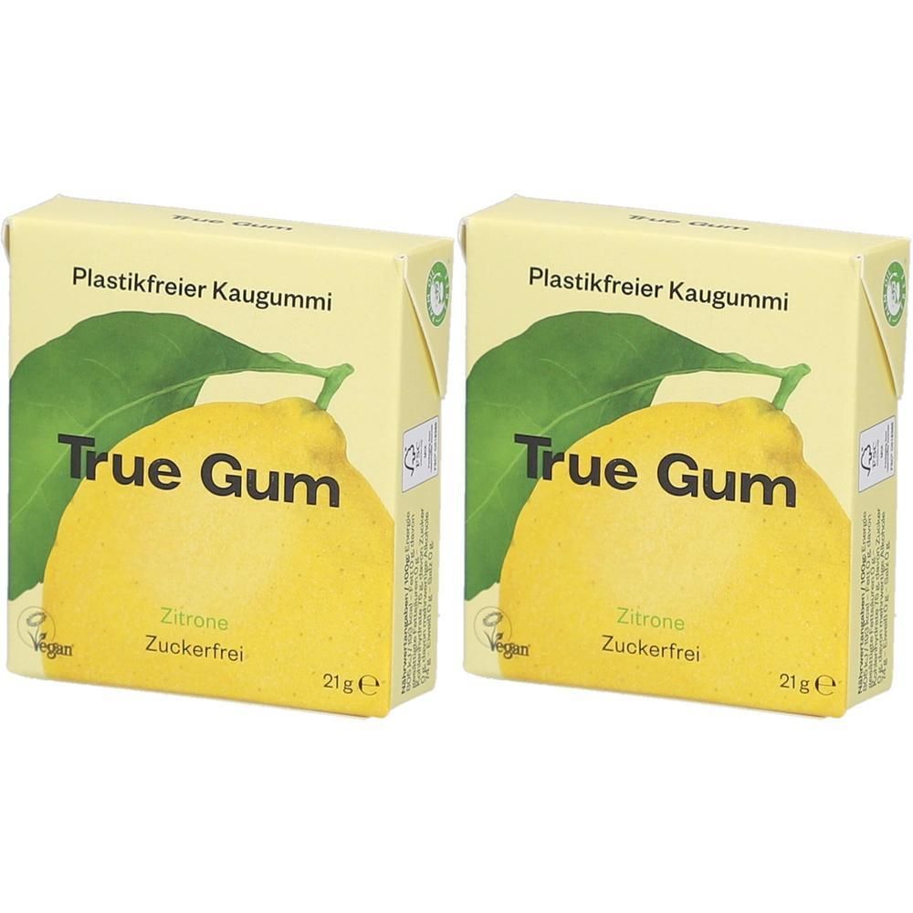 Zwei quadratische Verpackungen mit "True Gum"-Logo, Zitrone-Abbildung und Text. Aufschrift: "Plastikfreier Kaugummi", "Zitrone", "Zuckerfrei", 21g.