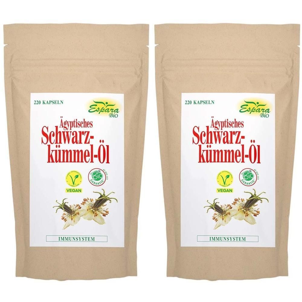 Zwei Beutel mit „Ägyptisches Schwarzkümmel-Öl Bio Kapseln“. Aufdrucke: „Espara Bio“, „Vegan“, „220 Kapseln“, „Immunsystem“.