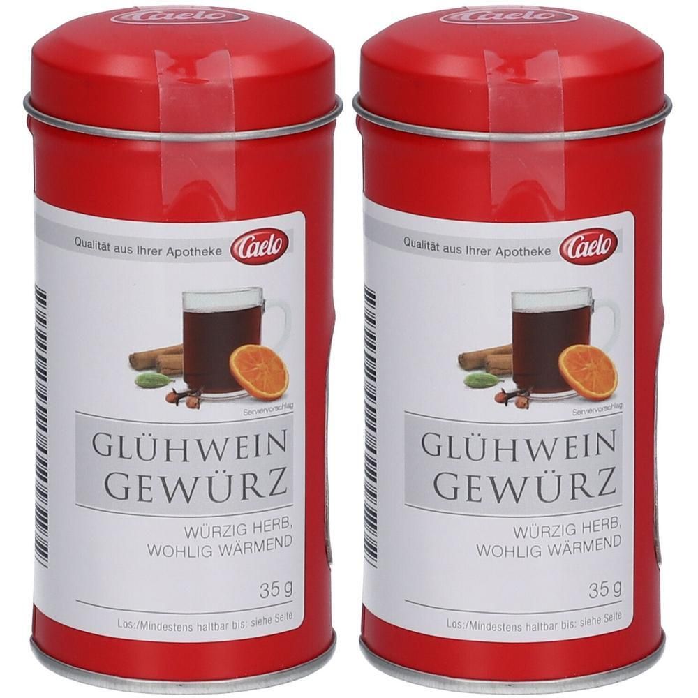 Zwei rote Metalldosen mit Deckel. Aufschrift: GLÜHWEIN GEWÜRZ. Abbildung eines Glühweingetränks. Marke: Caelo. 35g.