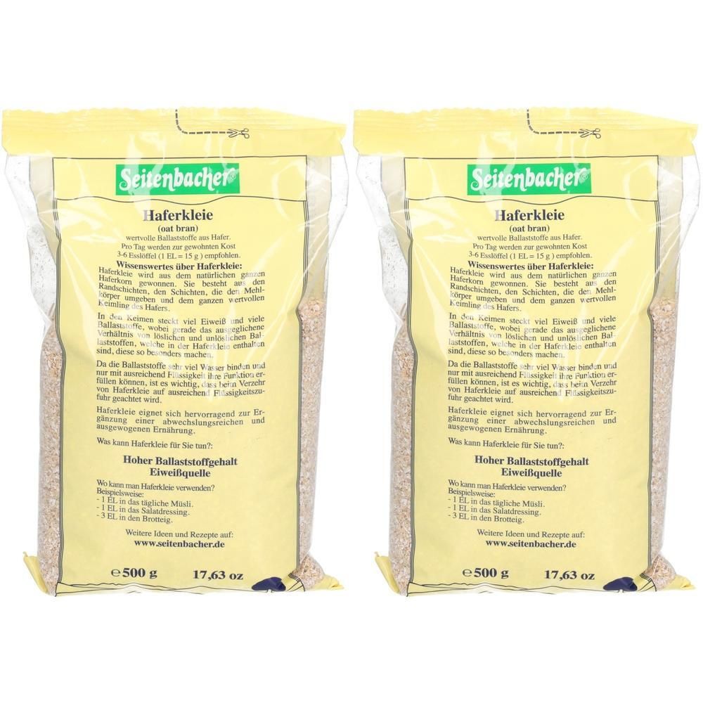 Zwei Beutel Haferkleie. Aufschrift: Seitenbacher, Haferkleie, 500g. Klare Verpackung mit gelbem Etikett.