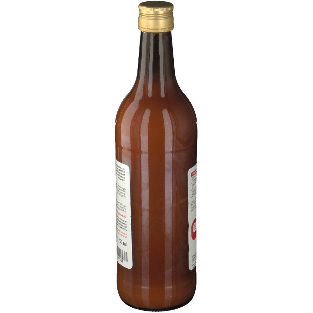 Seitenansicht einer Flasche Vita Garten Möhrensaft mit braunem Glas und goldenem Verschluss.