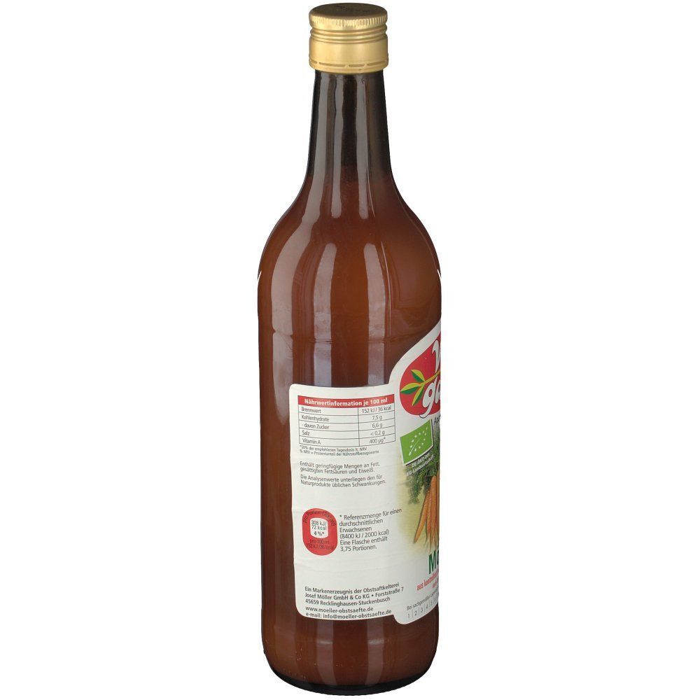 Seitenansicht einer Flasche Vita Garten Möhrensaft. Das Etikett zeigt Karotten und das Bio-Siegel.