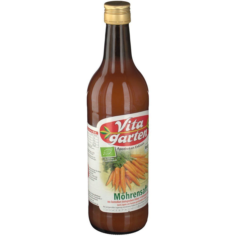 Vorderansicht einer Flasche Vita Garten Möhrensaft. Das Etikett zeigt Karotten, das Bio-Siegel und den Produktnamen.