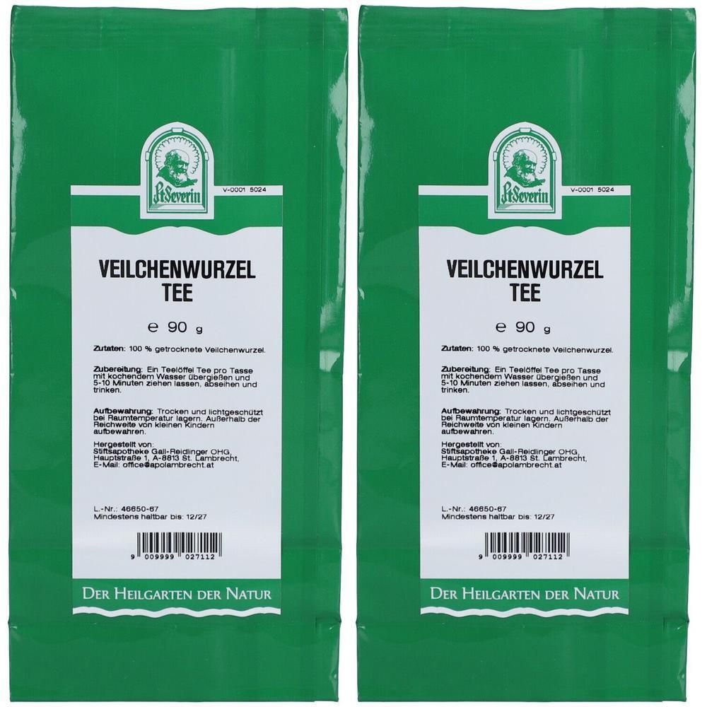 Zwei grüne Beutel mit weißem Etikett. Aufschrift: Veilchenwurzel Tee. Logo: Lilie. Text: Der Heilgarten der Natur.