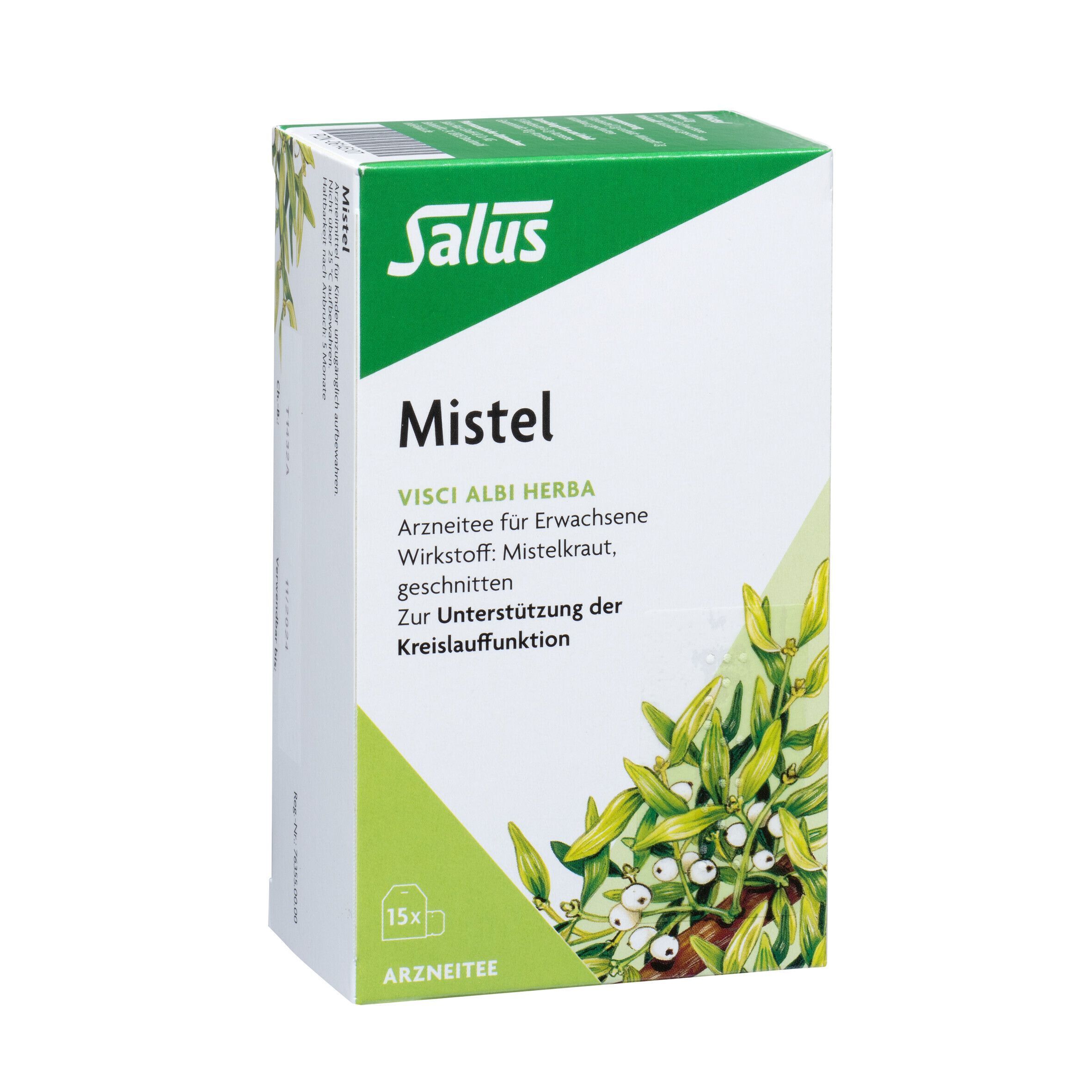 Eine Packung Salus Mistel Arzneitee mit 15 Teebeuteln. Die Packung zeigt Mistelzweige und Produktinformationen.