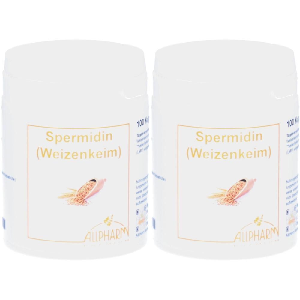 Zwei weiße Dosen mit Etiketten. Aufschrift: Spermidin (Weizenkeim). Logo: Allpharm. Abbildung von Weizenkörnern.