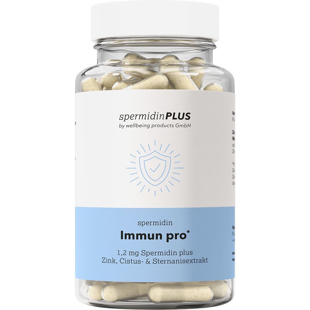 Glasbehälter mit Kapseln. Aufschrift: spermidinPLUS Immun pro. Blaue Etikett mit Produktinformationen. Weißer Deckel.