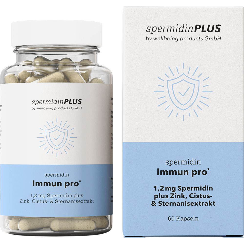 Glasbehälter und Karton. Aufschrift: spermidinPLUS Immun pro. Kapseln im Glas. Karton mit Produktinformationen und Logo.