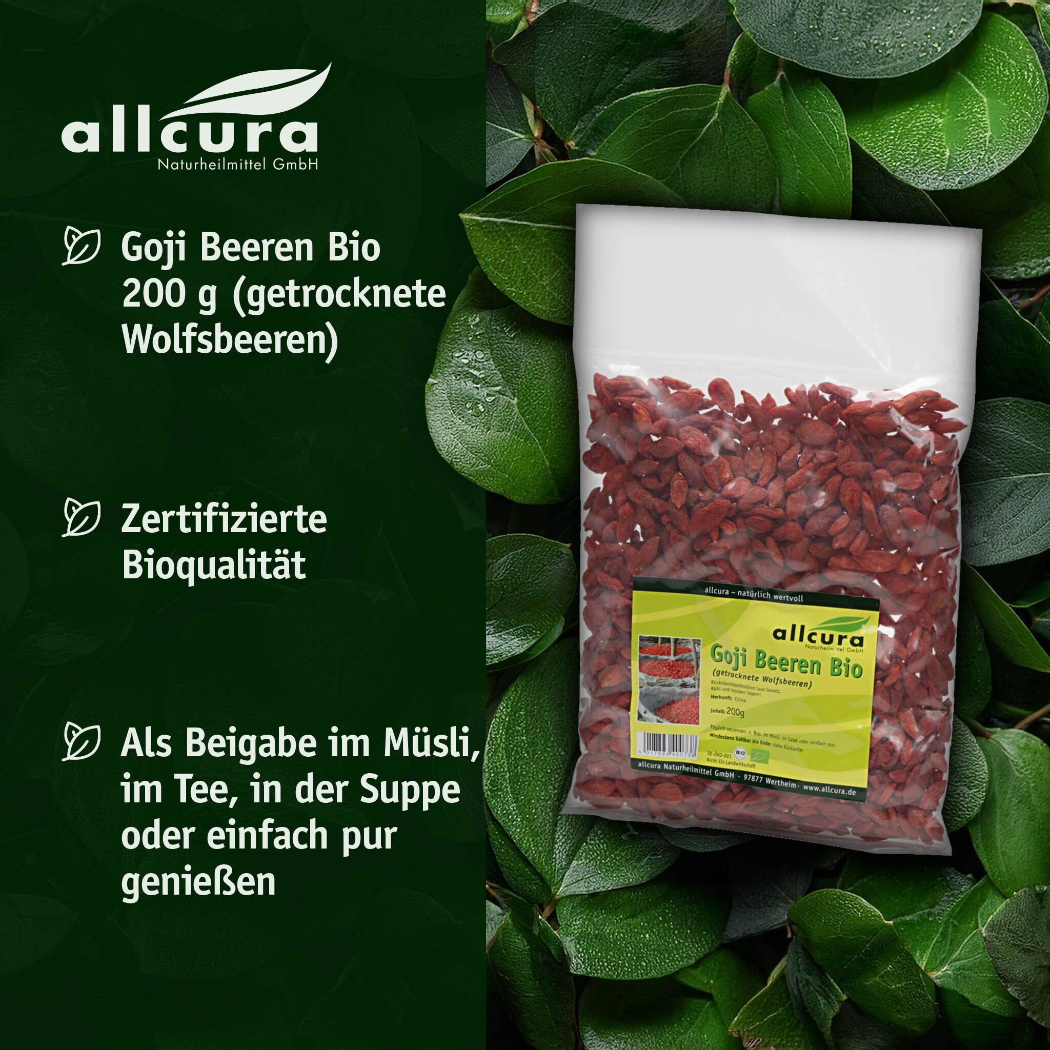 Ein Beutel Goji Beeren Bio vor grünem Hintergrund. Auf dem Etikett: allcura, 200g, zertifizierte Bioqualität. Text: Als Beigabe in Müsli, Tee oder pur.