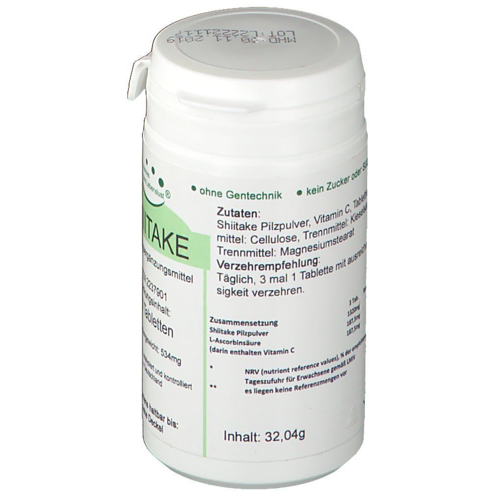 Weißer Tablettenbehälter mit Deckel. Aufschrift SHIITAKE, Zutaten, 60 Tabletten. Hannes pure Lebenslust.