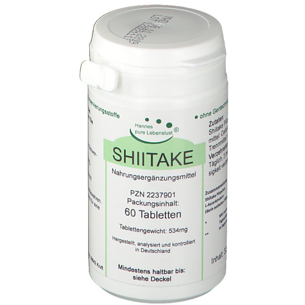 Weißer Tablettenbehälter mit Deckel. Aufschrift SHIITAKE, 60 Tabletten. Hannes pure Lebenslust.