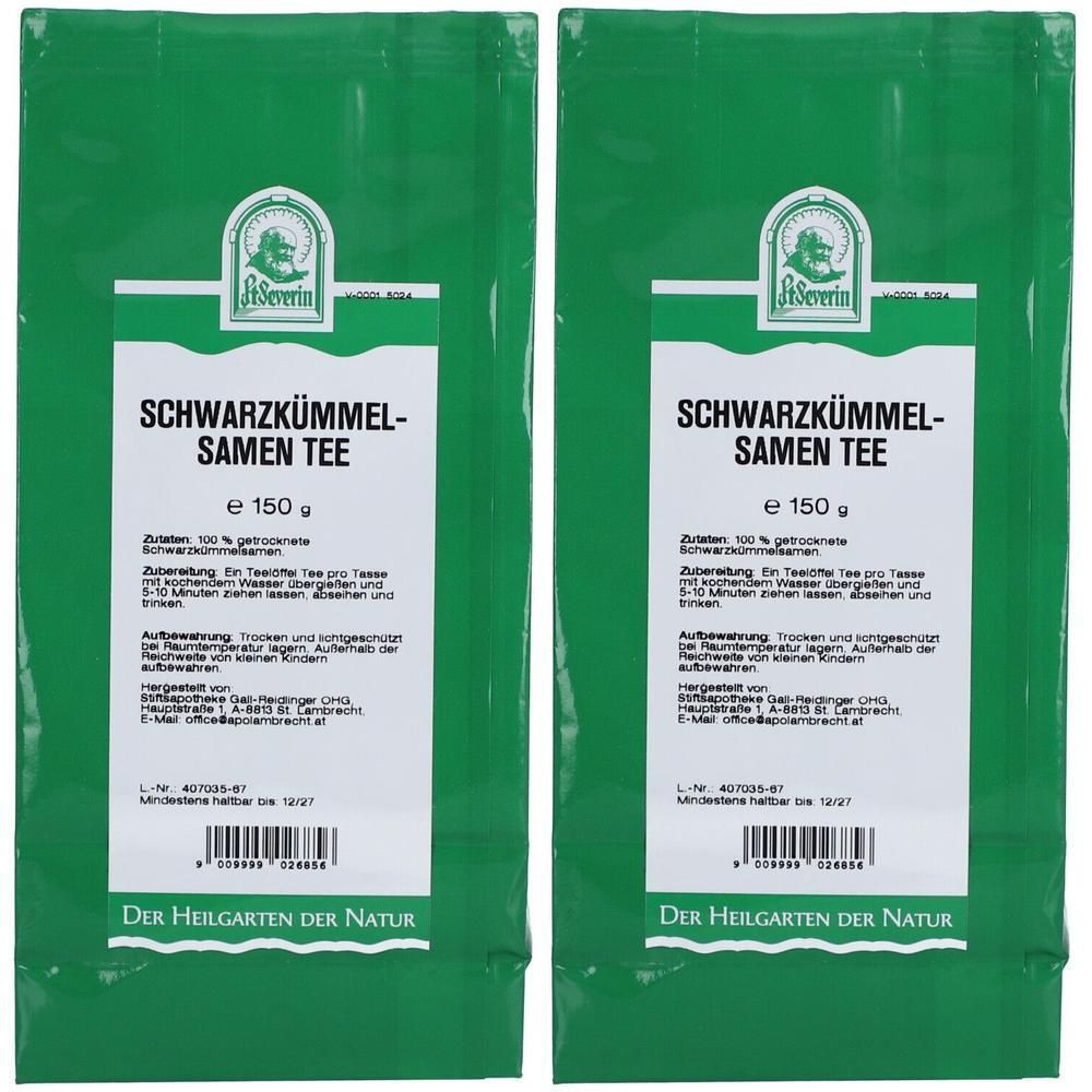 Zwei grüne Beutel mit „SCHWARZKÜMMEL-SAMEN TEE“. Aufschrift „e 150 g“ und Logo. Verpackung von „Der Heilgarten der Natur“.