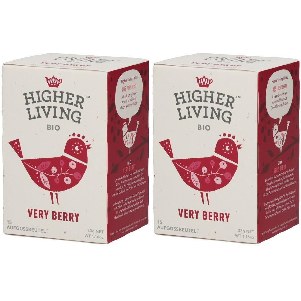 Zwei rechteckige Kartons mit dem Logo "Higher Living". Aufdruck: "Very Berry" und ein Vogel-Design. 15 Aufgussbeutel.
