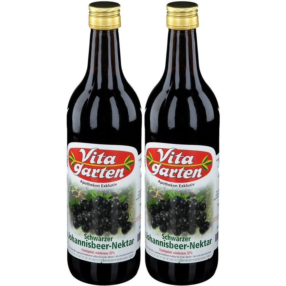 Zwei Flaschen schwarzer Johannisbeer-Nektar von Vita Garten, Apotheken Exklusiv.