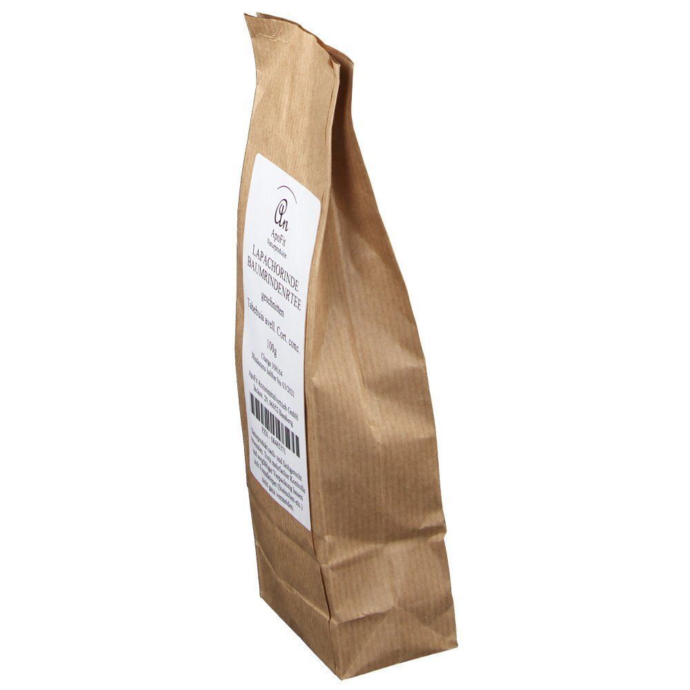 Braune Papiertüte mit Lapacho-Rindentee, von der Seite betrachtet.