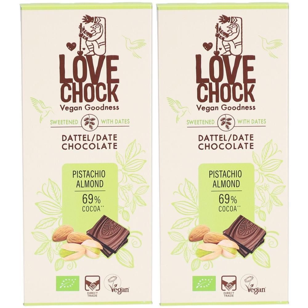 Zwei Schokoladenverpackungen. Aufschrift: Lovechock, Dattel/Schokolade, Pistazie/Mandel, 69% Kakao. Vegan.
