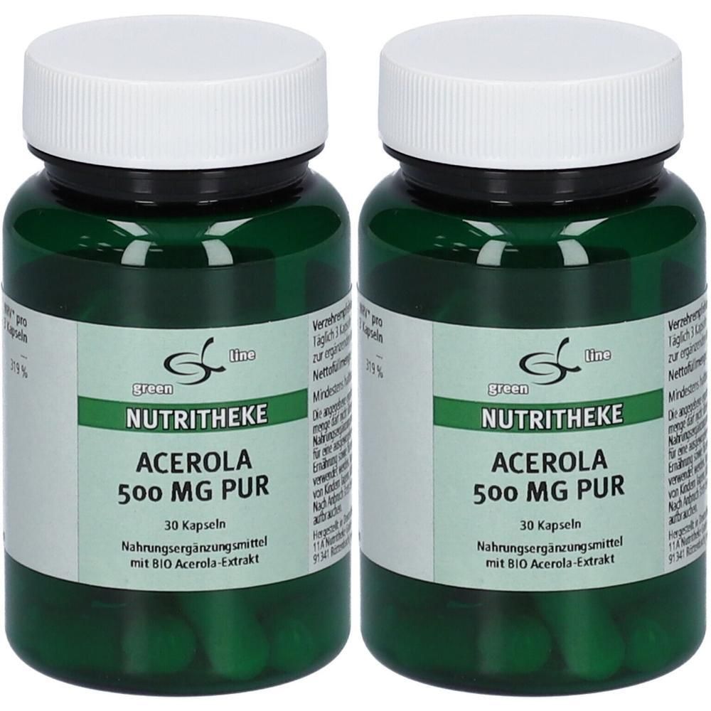 Zwei grüne Flaschen mit weißen Deckeln. Auf den Etiketten steht "NUTRITHEKE ACEROLA 500 MG PUR" und "30 Kapseln".
