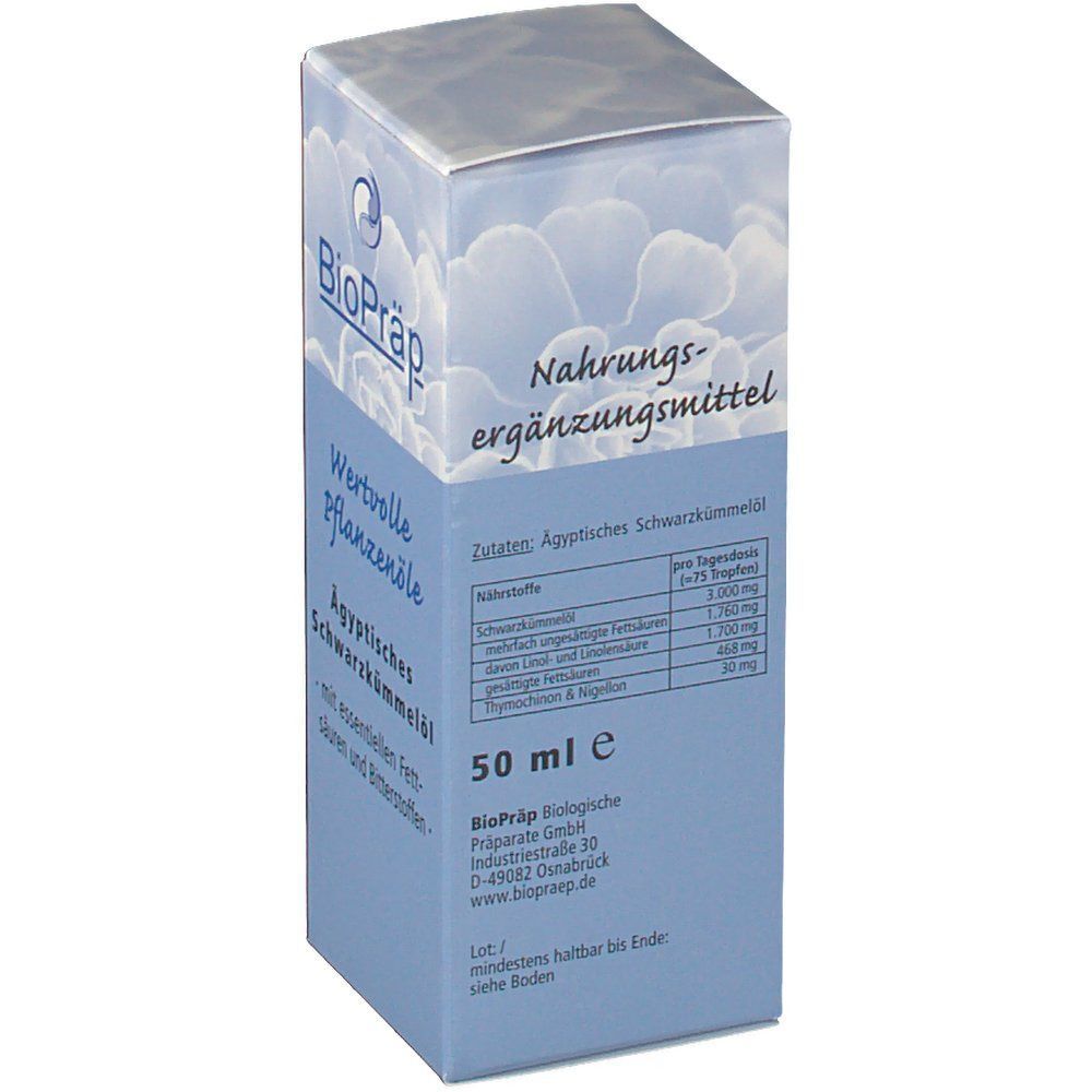Schachtel mit "BioPräp"-Logo. Aufschrift: "Wertvolle Pflanzenöle", "Ägyptisches Schwarzkümmelöl". Enthält Nährwertangaben. 50 ml.